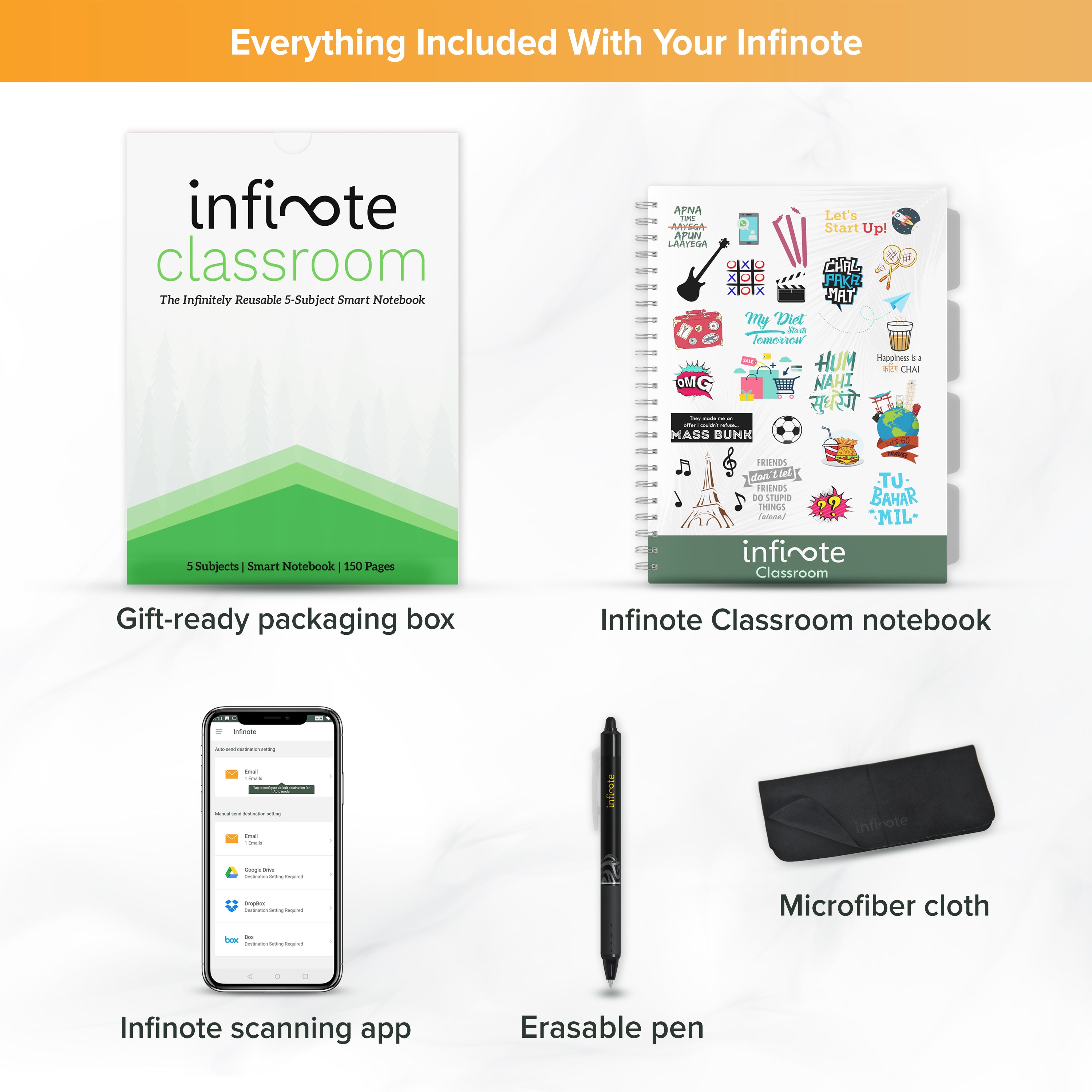 Infinote Classroom 5 Subject Reusable Stone Paper Smart Notebook - Includes 1 Erasable Pen
